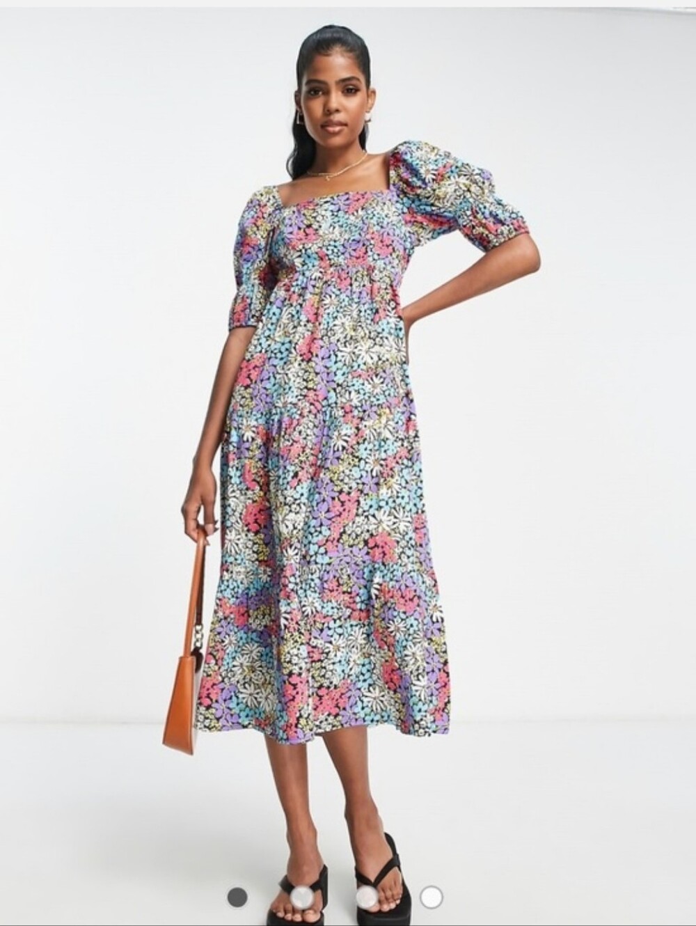 NWT Multi Floral Smocked Midi Dress with Puff Sleeves